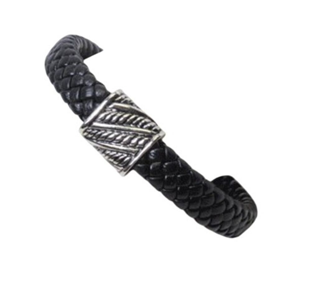 2785 Vintage Woven Leather Bracelet Silver Magnetic Closer Black 8 1/2" Around